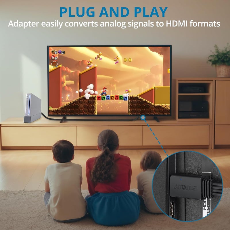 AUTOUTLET محول Wii إلى HDMI 1080P بطول 5 أقدام/150 سم لجهاز Full HD، محول مع كابل HDMI ذكر متوافق مع Wii وWii U وHDTV وشاشات - يدعم جميع أوضاع عرض Wii - Image 4